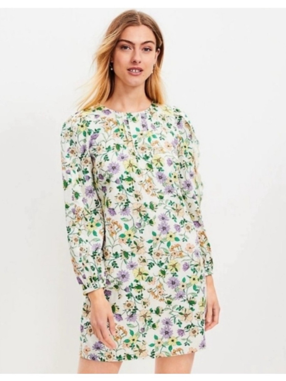 LOFT Cream Floral Linen Mini Dress with Purple and Green Accents
